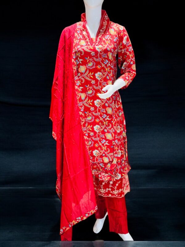 Women's Vibrant Red Floral Embroidered Suit Set with Dupatta