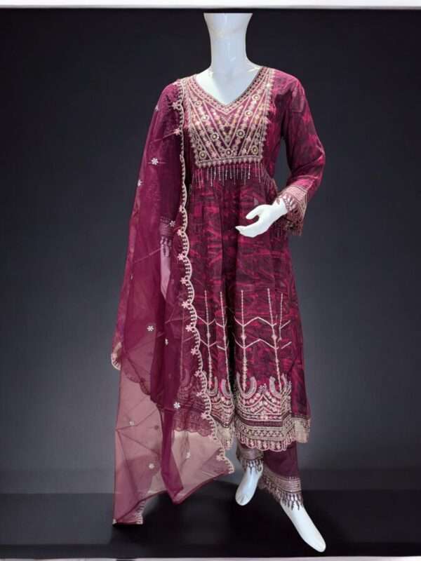 Rich Maroon Embroidered Anarkali Suit Set with Sheer Dupatta
