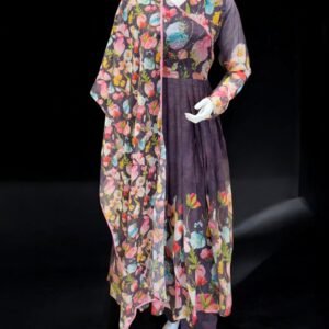 Floral Print Purple Anarkali Suit Set with Organza Dupatta