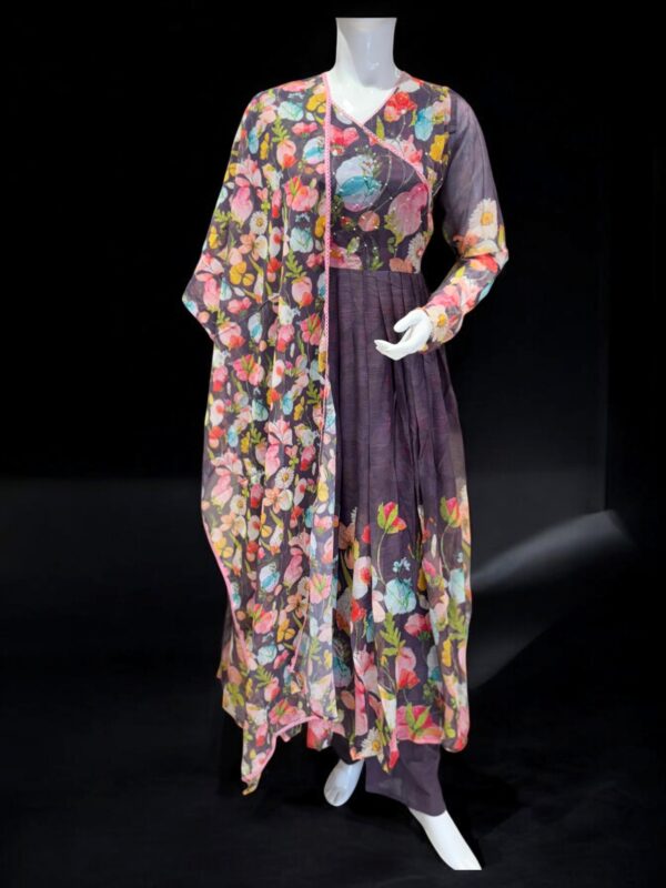 Floral Print Purple Anarkali Suit Set with Organza Dupatta