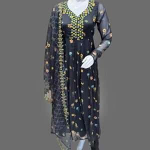Chic Black Floral Anarkali Suit with Embroidered Dupatta - Perfect for Festive and Formal Events