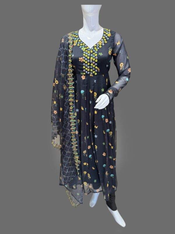 Chic Black Floral Anarkali Suit with Embroidered Dupatta - Perfect for Festive and Formal Events