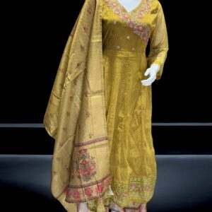 Golden Mustard Embroidered Suit with Floral Detailing & Dupatta – Elegant Ethnic Wear