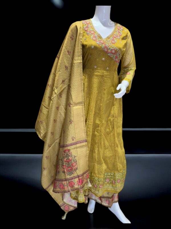 Golden Mustard Embroidered Suit with Floral Detailing & Dupatta – Elegant Ethnic Wear