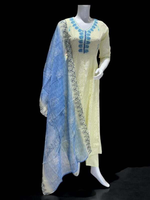 Elegant Cream and Blue Embroidered Suit with Floral Print Dupatta