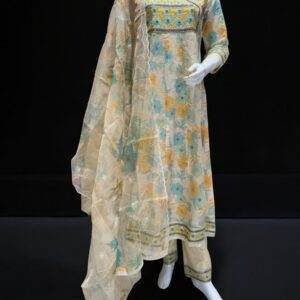 Chic Beige and Blue Floral Embroidered Suit with Dupatta