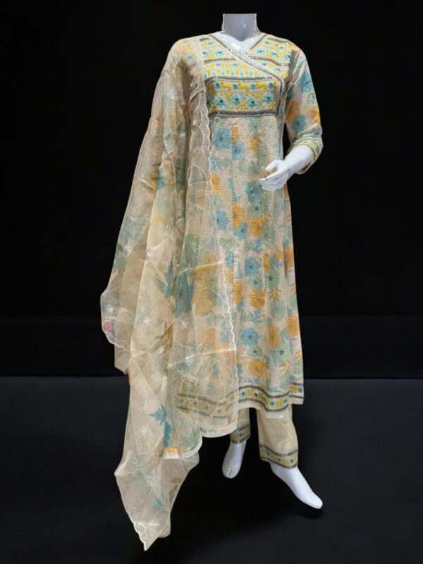 Chic Beige and Blue Floral Embroidered Suit with Dupatta