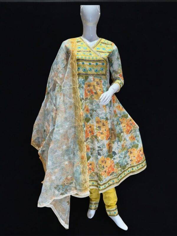 Elegant Yellow and Floral Printed Anarkali Suit with Embroidered Dupatta