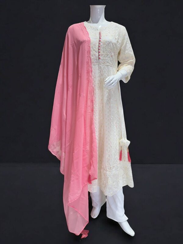 Graceful White Embroidered Anarkali Suit with Pink Dupatta