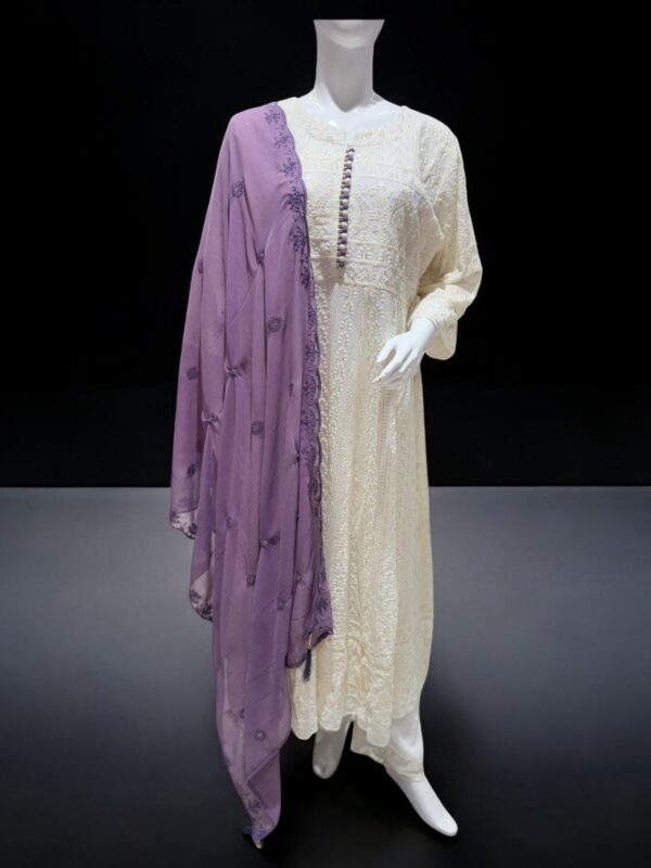 Elegant White Embroidered Anarkali Suit with Purple Dupatta