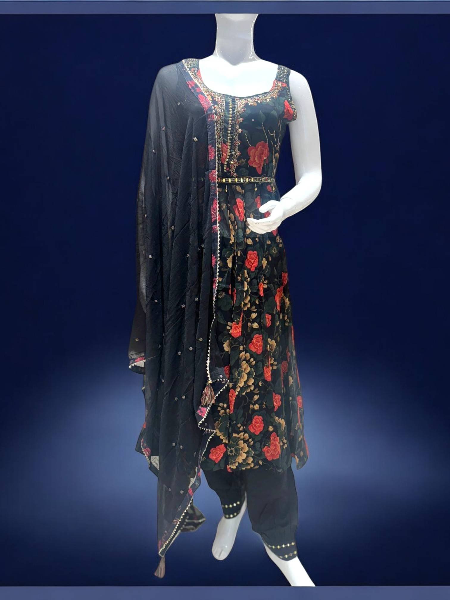 Stunning Black Floral Anarkali Suit with Dupatta - Perfect for Festive and Evening Wear