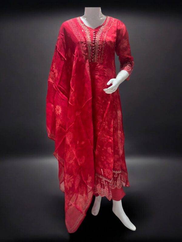 Elegant Red Floral Anarkali Suit with Embroidered Dupatta - Festive Wear