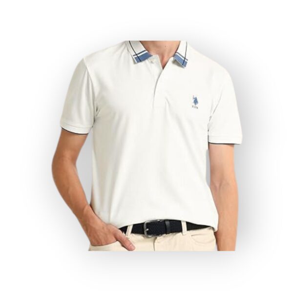 Men's White USPA Polo Shirt with Contrasting Plaid Collar