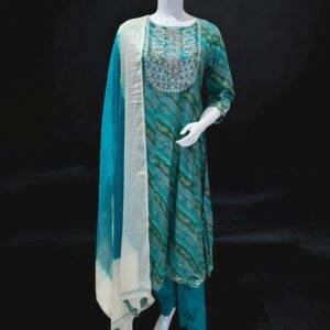 Elegant Teal Printed Salwar Suit with Embroidered Neckline and Dupatta