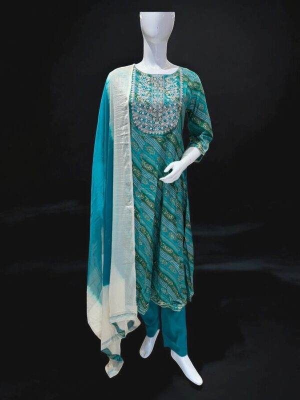 Elegant Teal Printed Salwar Suit with Embroidered Neckline and Dupatta
