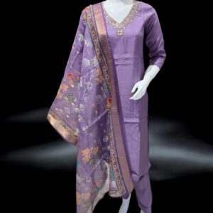 Graceful Lavender Salwar Suit with Embellished Neckline and Printed Dupatta