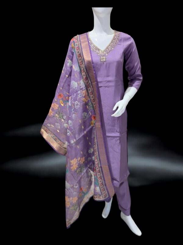 Graceful Lavender Salwar Suit with Embellished Neckline and Printed Dupatta