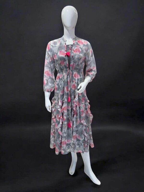 Elegant Grey Floral Midi Dress with Tassel Accents