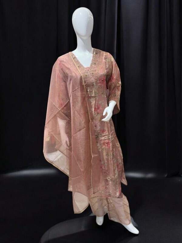 Elegant Peach Floral Embroidered Kurta Set with Sheer Dupatta