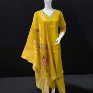 Vibrant Yellow Embroidered Kurta Set with Printed Sheer Dupatta