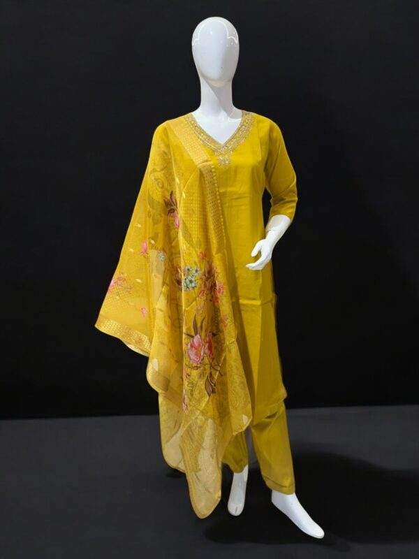 Vibrant Yellow Embroidered Kurta Set with Printed Sheer Dupatta