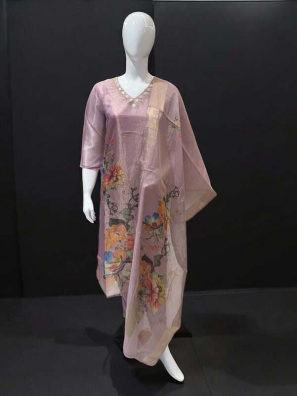 Elegant Pastel Pink Kurta Set with Floral Sheer Dupatta