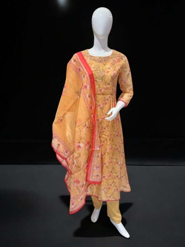 Charming Yellow Floral Suit Set with Embroidered Neckline