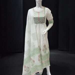 Graceful White Anarkali Suit with Green and Pink Block Prints
