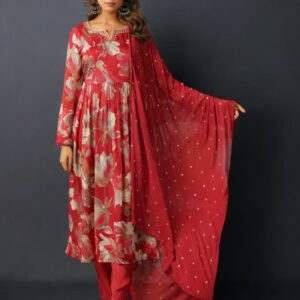 Stunning Red Floral Anarkali Suit with Embellished Dupatta