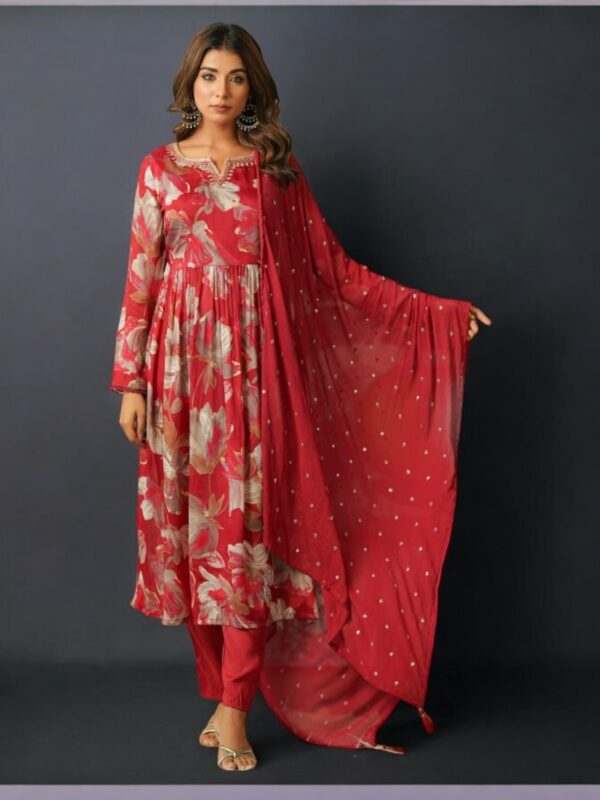 Stunning Red Floral Anarkali Suit with Embellished Dupatta