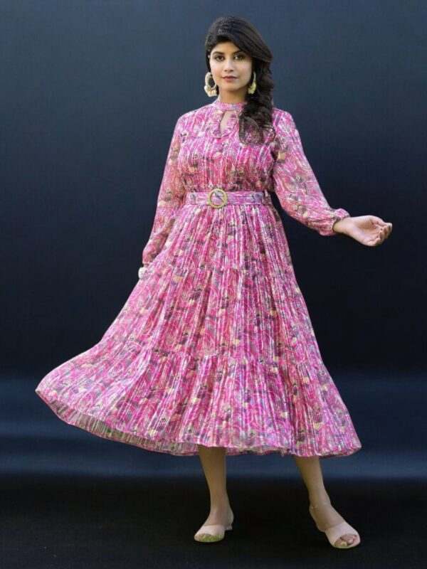 Pink Floral Pleated Midi Dress with Belt and Keyhole Neckline