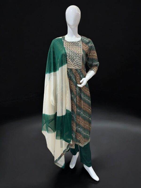 Elegant Green and Beige Printed Salwar Suit Set with Dupatta