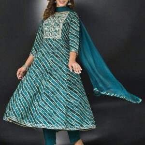 Teal Blue Anarkali Kurta Set with Dupatta and Embroidered Detailing