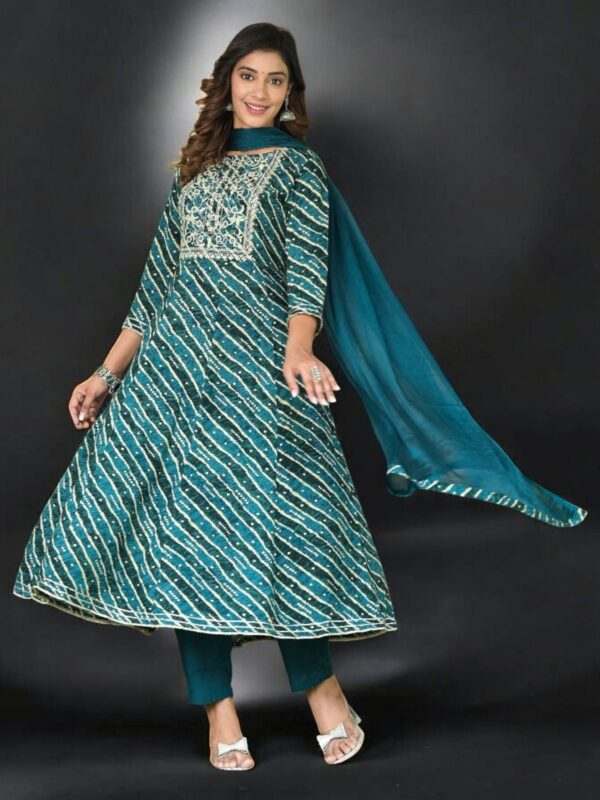 Teal Blue Anarkali Kurta Set with Dupatta and Embroidered Detailing