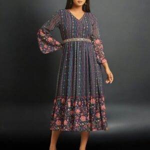 Floral Printed Bohemian Midi Dress with Bell Sleeves
