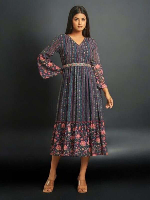 Floral Printed Bohemian Midi Dress with Bell Sleeves