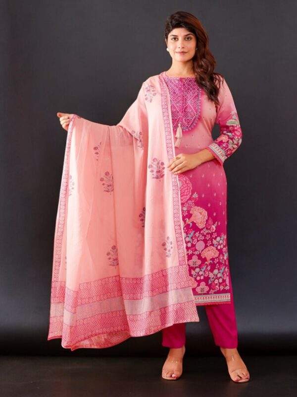 Pink Ombre Floral Printed Kurta Set with Dupatta
