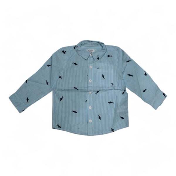 Boys' Light Blue Striped Shirt with Shark Print - Playful and Stylish