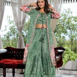 Elegant Green Co-Ord Set with Floral Print and Long Shrug