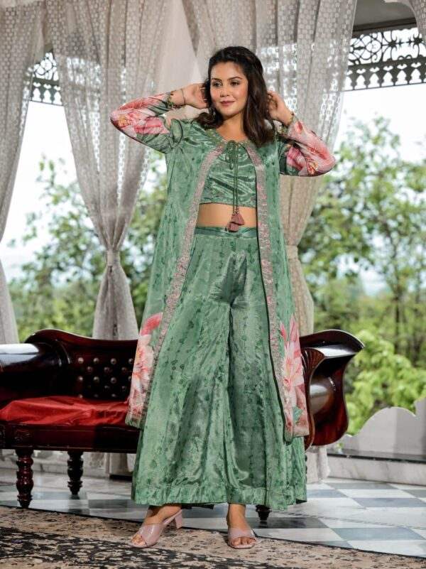 Elegant Green Co-Ord Set with Floral Print and Long Shrug