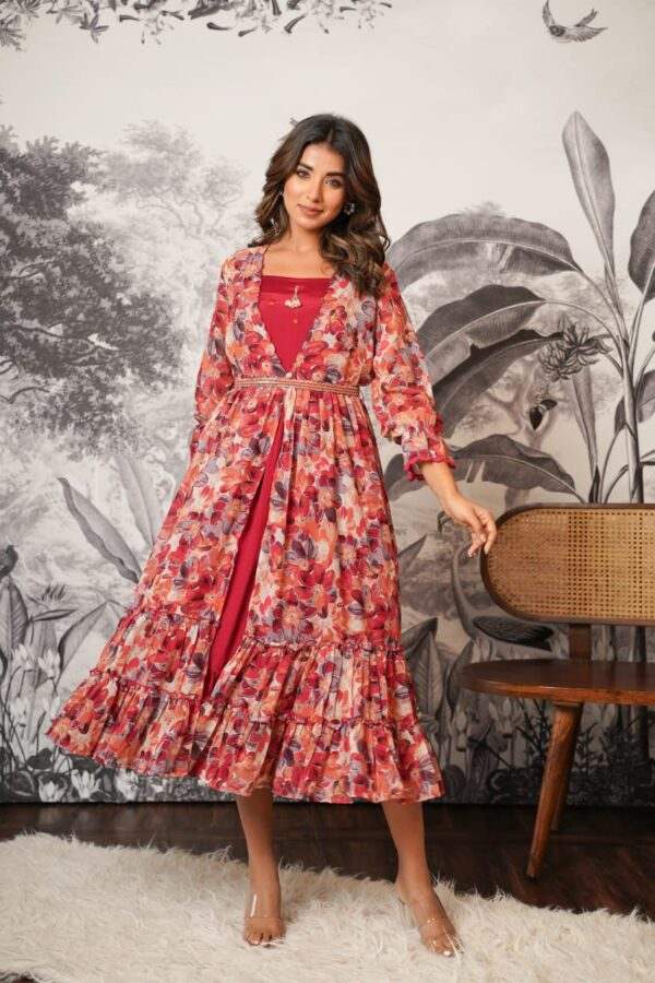 Red Floral Layered Maxi Dress with Elegant Belt