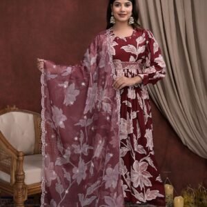 Maroon Floral Print Suit Set with Embroidered Dupatta