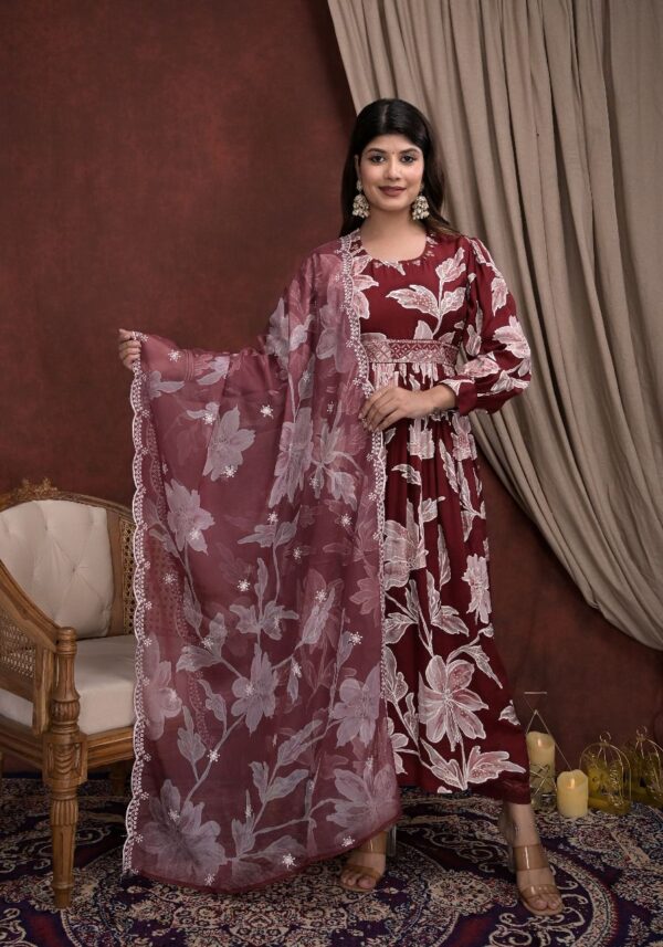Maroon Floral Print Suit Set with Embroidered Dupatta