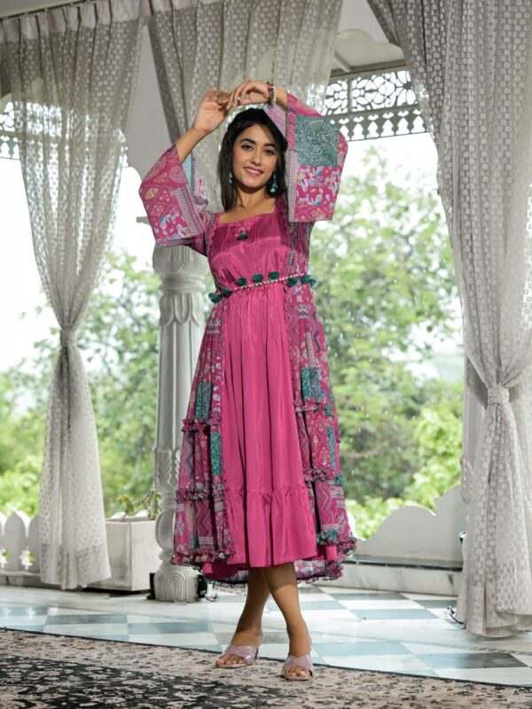 Magenta Boho-Chic Dress with Intricate Patchwork and Flared Sleeves