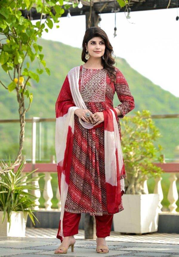 Red Bandhani-Print Anarkali Suit with Embroidered Yoke and Dupatta