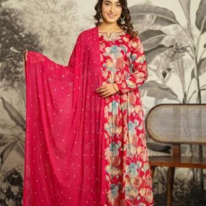 Floral Print Anarkali Suit with Hot Pink Dupatta