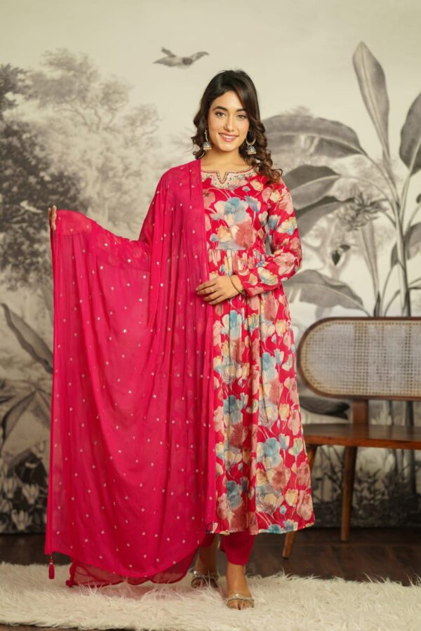 Floral Print Anarkali Suit with Hot Pink Dupatta