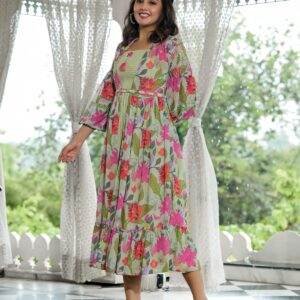 Floral Printed Midi Dress with Puff Sleeves