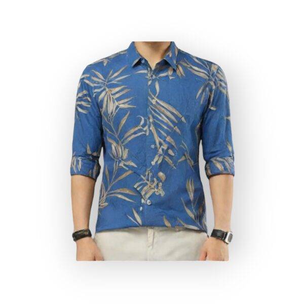 CALVIN KLEIN Men's Blue Long Sleeve Button-Down Shirt with Beige Tropical Leaf Print
