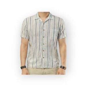 BRAVE SOUL Men's Short Sleeve Striped Linen-Blend Shirt in Beige and Navy